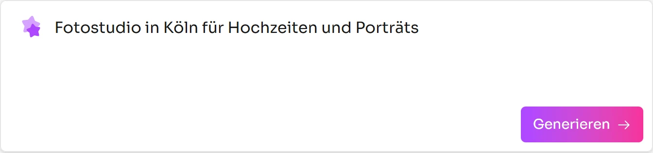 Beschreibung im KI-Namensfinder: Fotostudio in Köln für Hochzeiten und Porträts