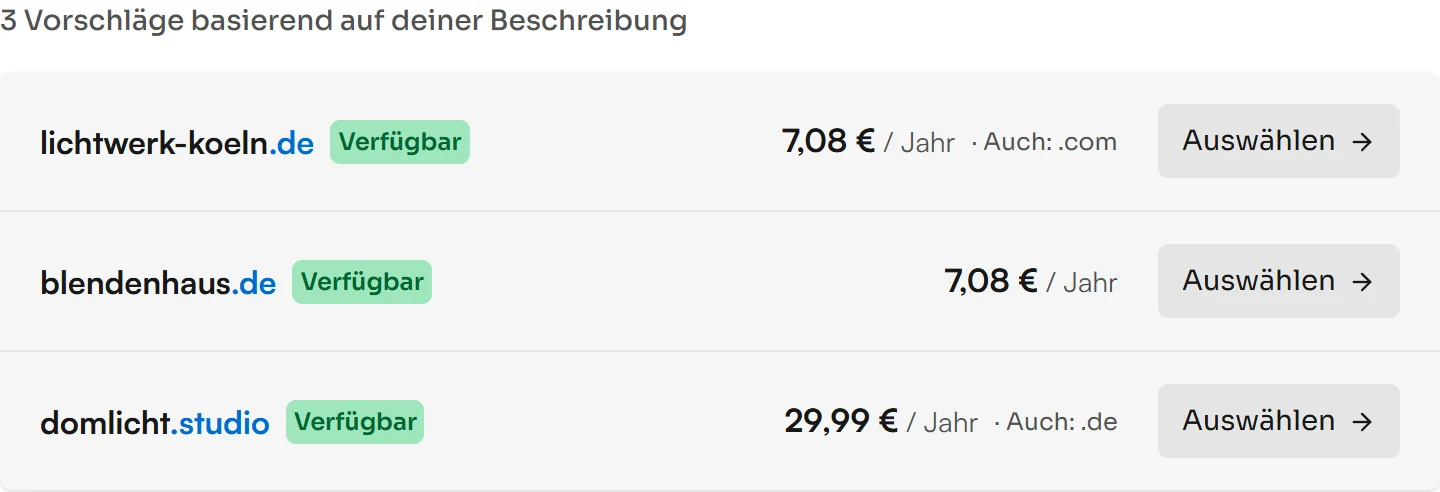 KI-Vorschläge für ein Fotostudio in Köln, alle Domains verfügbar