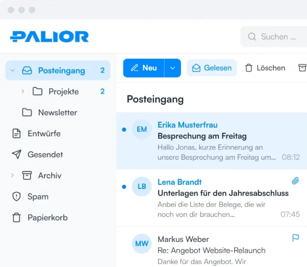 Palior Webmail mit allen übernommenen Ordnern und Nachrichten