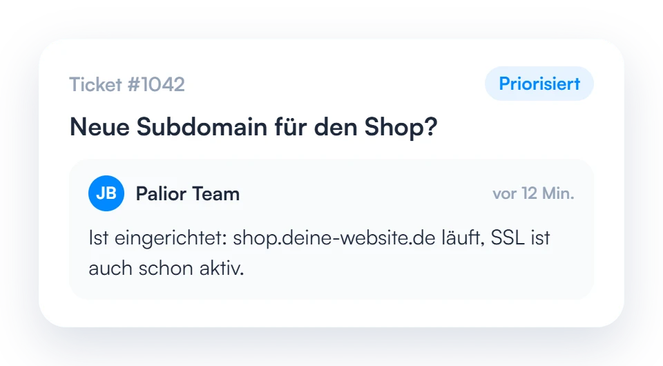 Support-Ticket eines Kunden, beantwortet vom Palior Team nach 12 Minuten