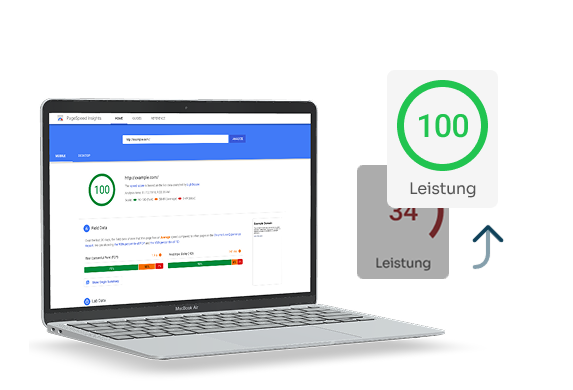 PageSpeed-Auswertung auf einem Laptop mit 100 Punkten für die Leistung
