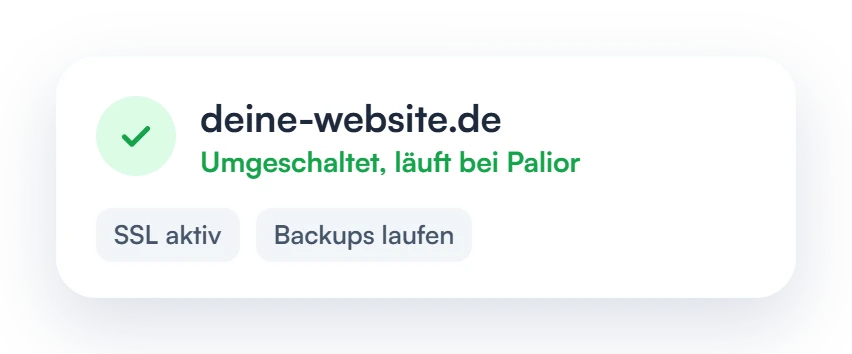 deine-website.de umgeschaltet, läuft bei Palior, SSL aktiv, Backups laufen